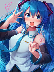 Rule 34 | 1girl, :d, arm up, bare shoulders, black skirt, blue eyes, blue hair, blue necktie, blue shirt, blush, breasts, collared shirt, commentary request, detached sleeves, grey background, hair between eyes, hair ornament, hatsune miku, headset, heart, long hair, long sleeves, medium breasts, necktie, nicoby, nose blush, open mouth, shirt, sidelocks, simple background, skirt, sleeveless, sleeveless shirt, smile, solo, twintails, very long hair, vocaloid, wide sleeves