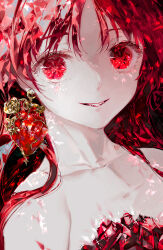 Rule 34 | 1girl, bare shoulders, close-up, collarbone, dress, earrings, eyelashes, gem, hyatsu, jewelry, looking at viewer, original, parted bangs, parted lips, portrait, red eyes, red gemstone, red hair, smile, solo, strapless, upper body