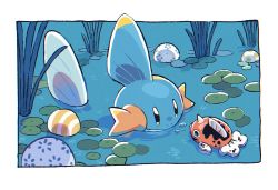 Rule 34 | closed mouth, commentary request, creatures (company), fins, game freak, gen 1 pokemon, gen 3 pokemon, highres, lily pad, mudkip, nintendo, no humans, partially submerged, pokemon, pokemon (creature), seaking, su (hskm2su), water