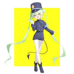 Rule 34 | 1girl, absurdres, belt, black belt, black footwear, black hat, black jacket, black shorts, black tail, blue archive, blush, boots, buttons, demon tail, double-breasted, full body, gloves, green hair, green halo, hair between eyes, halo, hat, nozomi (blue archive), highres, jacket, long hair, long sleeves, looking at viewer, open mouth, pantyhose, peaked cap, pointy ears, shorts, smile, snacks00, solo, tail, twintails, white gloves, white pantyhose, yellow eyes