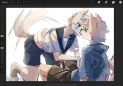 Rule 34 | animal feet, black eyes, black shorts, blue eyes, blue hoodie, crawling, eye contact, facial mark, furry, furry male, furry with furry, highres, hood, hoodie, imminent kiss, itooku, looking at another, on floor, original, paw print, red scarf, scarf, school uniform, selfcest, shorts, tail, tail wagging, white fur, wolf boy, yaoi