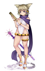 Rule 34 | 1girl, alternate costume, aoshima, bare arms, bare legs, bare shoulders, blonde hair, bracelet, breasts, commentary request, covered navel, earmuffs, full body, gold trim, groin, highres, holding, jewelry, large breasts, leotard, looking at viewer, pointy hair, purple eyes, purple scarf, ritual baton, scabbard, scarf, sheath, sheathed, short hair, simple background, smile, solo, standing, sword, thighs, touhou, toyosatomimi no miko, weapon, white background, yellow footwear