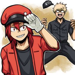Rule 34 | 2boys, adjusting clothes, adjusting headwear, ambarsenpai, angry, arm at side, bakugou katsuki, baseball cap, black headwear, black pants, black shirt, blonde hair, boku no hero academia, breast pocket, brown background, cabbie hat, clothes writing, collarbone, commentary, constricted pupils, cosplay, crossover, dress shirt, english commentary, front to back, gloves, grin, hand up, hands up, hat, unworn hat, hataraku saibou, unworn headwear, highres, jacket, killer t (hataraku saibou), killer t (hataraku saibou) (cosplay), kirishima eijirou, looking at viewer, male focus, multiple boys, no pupils, open clothes, open jacket, open mouth, outline, pants, pocket, red blood cell (hataraku saibou), red blood cell (hataraku saibou) (cosplay), red eyes, red hair, red headwear, red jacket, sanpaku, sharp teeth, shirt, short sleeves, shouting, signature, smile, spiked hair, spread legs, t-shirt, teeth, upper body, v-shaped eyebrows, v-shaped eyes, w arms, white gloves, white outline