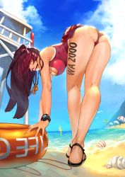 Rule 34 | 1girl, absurdres, ass, beach, beach umbrella, bent over, blue sky, blush, body writing, breasts, character name, cleavage, cloud, commentary, curvy, day, from behind, girls&#039; frontline, groin, hair ribbon, half updo, highres, hip focus, large breasts, legs, lifebuoy, lifeguard, long hair, looking at viewer, looking back, ocean, one-piece swimsuit, one side up, outdoors, purple hair, red eyes, red one-piece swimsuit, ribbon, romana, sand, sandals, shell, sky, solo, swim ring, swimsuit, thick thighs, thighs, umbrella, very long hair, wa2000 (girls&#039; frontline), watch, wet, whistle, wide hips