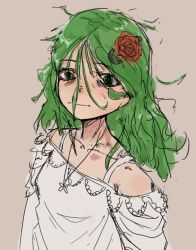 Rule 34 | 1girl, beige background, blush, collarbone, commentary, drawfag, english commentary, flower, green eyes, green hair, hair over face, indie virtual youtuber, jewelry, koopa fortuna, medium hair, necklace, off-shoulder shirt, off shoulder, red flower, red rose, rose, second-party source, shirt, sketch, solo, virtual youtuber, white shirt