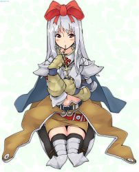 Rule 34 | 1girl, amami amayu, armor, belt, blush, bow, brown skirt, cape, cross, finger to mouth, looking at viewer, midriff, miniskirt, paladin, paladin (ragnarok online), ragnarok online, red bow, red eyes, silver hair, simple background, skirt, solo, thighhighs