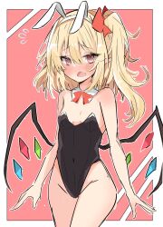 Rule 34 | 1girl, @ @, animal ears, black leotard, blonde hair, blush, breasts, cleavage, covered navel, crystal, detached collar, flandre scarlet, flying sweatdrops, groin, highres, leotard, looking at viewer, medium hair, nono54558, one side up, open mouth, playboy bunny, pointy ears, rabbit ears, red background, red eyes, small breasts, solo, touhou, upper body, wings