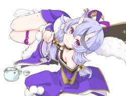 Rule 34 | 1girl, :3, arm support, bare shoulders, black hair, choker, commentary, crescent, crescent hair ornament, cup, foreshortening, hair ornament, hair ribbon, hair tubes, highres, horns, japanese clothes, kimono, kobakoba0 0, light purple hair, long hair, looking at viewer, lying, mole, mole on thigh, mole under mouth, multicolored hair, nijisanji, no shoes, o-ring, o-ring choker, on side, oni, pointy ears, pom pom (clothes), purple eyes, purple kimono, purple ribbon, ribbon, rindou mikoto, short eyebrows, short kimono, simple background, skin-covered horns, sleeves past wrists, smile, socks, solo, streaked hair, symbol-only commentary, tabi, thick eyebrows, thigh strap, virtual youtuber, white background, wide sleeves