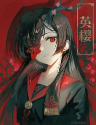 Rule 34 | 1girl, black hair, branch, breasts, cherry blossoms, earrings, eyebrows hidden by hair, flower, flower over eye, hair between eyes, hair flower, hair ornament, hair over one eye, highres, horns, jewelry, long hair, open mouth, original, red background, red eyes, red theme, single horn, solo, soyoong jun, upper body