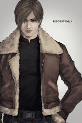 Rule 34 | 1boy, blonde hair, blue eyes, closed mouth, ericson blum, gloves, highres, jacket, leather, leather jacket, leon s. kennedy, looking at viewer, male focus, muscular, resident evil, resident evil 4, short hair, simple background, smile, solo