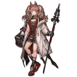 Rule 34 | 1girl, angelina (arknights), animal ear fluff, animal ears, arknights, bag, black footwear, black gloves, black shorts, black socks, blush, brown hair, choker, coat, duffel bag, fox ears, full body, gloves, hairband, high tops, holding, holding staff, jacket, lace-up shoes, lm7 (op-center), long hair, long sleeves, looking at viewer, off shoulder, official art, open clothes, open coat, red eyes, red jacket, shirt, shoes, shorts, sidelocks, sneakers, socks, solo, staff, tachi-e, transparent background, twintails, unzipped, wavy hair, weapon, white coat, wolf ears