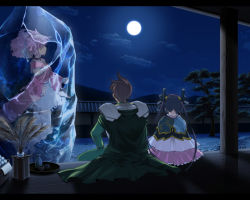Rule 34 | 1boy, 2girls, alice soft, armor, brown hair, cape, china dress, chinese clothes, dress, flower, frozen, game cg, japanese clothes, kimono, long hair, moon, multiple girls, night, oda kou, orion, orion (orionproject), pink hair, porch, rance, rance (series), ribbon, sengoku rance, short hair, shoulder pads, sill plain, sitting, tree, twintails, veranda, water