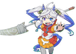 Rule 34 | 1girl, animal ears, blue eyes, blue hair, bone, bone spear, bone weapon, chemical weapon, commentary request, fusion, godzilla (series), godzilla singular point, gojira, heterochromia, highres, holding, holding polearm, holding spear, holding weapon, hood, hoodie, horse ears, horse girl, horse tail, jet jaguar, long hair, looking at viewer, multicolored clothes, multicolored hair, multicolored hoodie, open mouth, orthogonal diagonalizer, oxygen destroyer, polearm, purple eyes, silver hair, simple background, smile, solo, spear, spear of anguirus, tail, toho, twin turbo (umamusume), twintails, two-tone hair, ueyama michirou, umamusume, weapon, weapon of mass destruction, white background