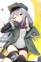 Rule 34 | 1girl, bare shoulders, black shorts, commentary, drooling, flat cap, g11 (girls&#039; frontline), girls&#039; frontline, green hat, green jacket, grey eyes, grey hair, grey tank top, hair between eyes, hand up, hat, head tilt, highres, jacket, kutata, long hair, long sleeves, looking at viewer, off shoulder, one eye closed, open clothes, open jacket, parted lips, short shorts, shorts, solo, star (symbol), tank top, very long hair