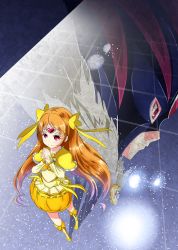 Rule 34 | 10s, 1girl, boots, bow, brooch, bubble skirt, circlet, cure muse, cure muse (black), cure muse (yellow), dual persona, hair bow, heart, jewelry, knee boots, long hair, mask, orange hair, own hands together, precure, red eyes, shirabe ako, shiratama0426, skirt, smile, spoilers, standing, suite precure, yellow skirt
