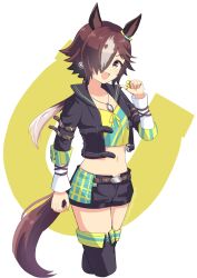 Rule 34 | 1girl, :d, absurdres, animal ears, black footwear, black jacket, boots, brown eyes, brown hair, collarbone, commentary request, crop top, cropped jacket, cropped legs, hand up, highres, horse ears, horse girl, horse tail, jacket, long hair, long sleeves, looking at viewer, low ponytail, midriff, multicolored hair, navel, open mouth, pointing, pointing at viewer, ponytail, sangria (sangria69), smile, solo, streaked hair, tail, thigh boots, two-tone hair, umamusume, v-shaped eyebrows, very long hair, vodka (umamusume), white background, white hair