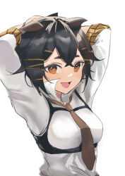 Rule 34 | 1girl, :d, arknights, arms up, black hair, breasts, brown eyes, brown necktie, commentary request, highres, jackie (arknights), looking at viewer, necktie, open mouth, raramente, short hair, small breasts, smile, solo, upper body
