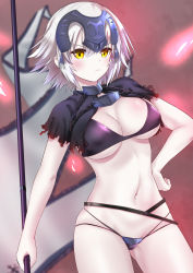 Rule 34 | 1girl, :t, bikini, black bikini, black capelet, blurry, blurry background, blush, breasts, capelet, chain, cleavage, closed mouth, commentary request, depth of field, dutch angle, fate/grand order, fate (series), flag, hair between eyes, hand on own hip, headpiece, highres, holding, holding flag, jeanne d&#039;arc (fate), jeanne d&#039;arc alter (avenger) (fate), jeanne d&#039;arc alter (fate), looking at viewer, medium breasts, mint (cerbi), multi-strapped bikini, navel, pout, short hair, silver hair, solo, swimsuit, v-shaped eyebrows, white flag, yellow eyes