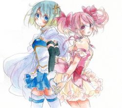 Rule 34 | 10s, 2girls, armband, back-to-back, blue eyes, blue hair, bow, cape, fina (sa47rin5), fortissimo, gloves, hair bow, hair ornament, hairclip, holding hands, kaname madoka, magical girl, mahou shoujo madoka magica, mahou shoujo madoka magica (anime), mahou shoujo madoka magica movie 1 &amp; 2, miki sayaka, multiple girls, musical note, musical note hair ornament, pink eyes, pink hair, short hair, short twintails, simple background, soul gem, thighhighs, twintails, white background, zettai ryouiki