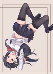 Rule 34 | 1girl, black hair, black thighhighs, blue eyes, blush, hair ornament, impossible clothes, loafers, long hair, navel, open mouth, original, ray-akila, ray littlechamber, shoes, simple background, skirt, solo, thighhighs, upside-down, vest
