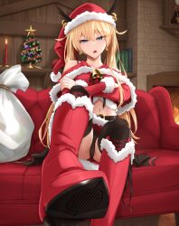 Rule 34 | 1girl, bell, belt, black panties, black thighhighs, blonde hair, blue eyes, book, boots, candle, christmas, christmas tree, clothing cutout, couch, crossed arms, earrings, hat, head wings, high heel boots, high heels, highres, indoors, jewelry, long hair, looking at viewer, midriff, navel, nm (tshell2761), open mouth, original, panties, santa costume, santa hat, shoe soles, shoulder cutout, sitting, solo, thighhighs, twintails, underwear, wings