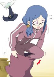 Rule 34 | 10s, 1girl, alcor (little witch academia), bird, blue hair, dressing, glasses, gobanme no mayoi neko, hat, highres, little witch academia, long hair, open mouth, purple eyes, solo, track suit, ursula callistis, wide-eyed, witch, witch hat