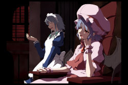 Rule 34 | 0-1-0, 0000 (byoubyou), 2girls, anime coloring, apron, bad hands, bat wings, blue hair, bow, braid, closed eyes, fang, female focus, hair bow, hat, izayoi sakuya, jewelry, long sleeves, maid, maid apron, maid headdress, multiple girls, open mouth, puffy sleeves, red eyes, remilia scarlet, short hair, silver hair, sitting, throne, touhou, twin braids, window, wings