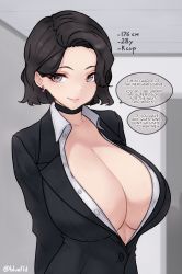 Rule 34 | 1girl, black choker, black hair, black jacket, blazer, bluefield, blurry, blurry background, breasts, choker, cleavage, closed mouth, collared shirt, earrings, english text, grey eyes, height, highres, huge breasts, jacket, jewelry, looking at viewer, office lady, original, pixiv username, shirt, short hair, smile, solo, speech bubble, suit jacket, upper body, white shirt