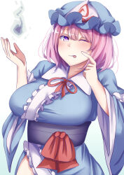 Rule 34 | 1girl, ;p, blue hat, blue kimono, commentary request, hat, highres, japanese clothes, kimono, looking at viewer, mirufui, mob cap, one eye closed, pink eyes, pink hair, saigyouji yuyuko, sash, short hair, simple background, solo, tongue, tongue out, touhou, triangular headpiece, upper body, white background
