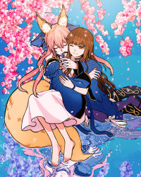 Rule 34 | 10s, 2girls, animal ear fluff, animal ears, bare shoulders, barefoot, brown eyes, brown hair, commentary request, detached sleeves, different reflection, dress, fate/extella, fate/extra, fate (series), flower, fox ears, fox tail, hair between eyes, hooreng, hug, hug from behind, kishinami hakuno (female), long hair, multiple girls, one eye closed, petals, pink hair, reflection, smile, spoilers, tail, tamamo (fate), tamamo no mae (fate/extra), water, white dress, wide sleeves, yuri