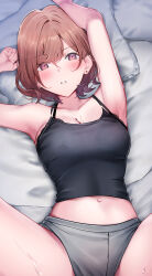 Rule 34 | 1girl, absurdres, armpits, arms up, bed sheet, black bra, black camisole, blush, bra, bra visible through clothes, breasts, brown hair, camisole, collarbone, commentary request, earrings, grey shorts, head on pillow, highres, higuchi madoka, idolmaster, idolmaster shiny colors, jewelry, looking at viewer, lying, medium breasts, mole, mole under eye, navel, on back, parted lips, pol winner, purple eyes, short hair, short shorts, shorts, solo, spread legs, stud earrings, sweat, underwear