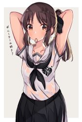 Rule 34 | 1girl, absurdres, aged up, arm behind head, arms up, black bow, black neckerchief, black skirt, blush, bow, brown background, brown hair, closed mouth, collarbone, commentary request, hair bow, hair tie, hair tie in mouth, highres, idolmaster, idolmaster cinderella girls, looking at viewer, mouth hold, neckerchief, norazura, parted bangs, pleated skirt, red eyes, sailor collar, shirt, short sleeves, sidelocks, skirt, solo, tachibana arisu, translation request, two-tone background, tying hair, white background, white sailor collar, white shirt