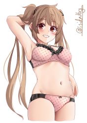 Rule 34 | 1girl, arm behind head, bra, breasts, brown eyes, hair flaps, highres, ishida arata, kantai collection, light brown hair, long hair, medium breasts, murasame (kancolle), navel, panties, pink bra, pink panties, polka dot, polka dot bra, polka dot panties, simple background, solo, twintails, twitter username, two side up, underwear, underwear only, white background
