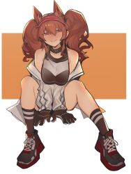 Rule 34 | 1girl, absurdres, angelina (arknights), animal ear fluff, animal ears, arknights, black choker, black footwear, black socks, blush, breasts, brown hair, choker, collarbone, commentary, commission, distr, english commentary, fox ears, fox girl, gloves, hairband, highres, infection monitor (arknights), jacket, large breasts, long hair, naked jacket, open clothes, open jacket, open mouth, red eyes, red hairband, shirt, shoes, sidelocks, simple background, sitting, sleeveless, sleeveless shirt, sneakers, socks, solo, teeth, twintails, white background, white jacket