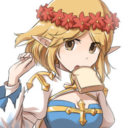 Rule 34 | 1girl, arch bishop (ragnarok online), blonde hair, blue dress, bread slice, breasts, brown eyes, cleavage, cleavage cutout, clothing cutout, commentary request, cross, dress, flower, food, food in mouth, head wreath, juliet sleeves, long sleeves, looking at viewer, medium breasts, mouth hold, natsuya (kuttuki), open mouth, pointy ears, puffy sleeves, ragnarok online, red flower, short hair, simple background, solo, toast, toast in mouth, two-tone dress, upper body, white background, white dress