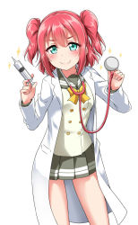 Rule 34 | &gt;:), 1girl, aqua eyes, blush, bow, bowtie, buttons, commentary request, doctor, double-breasted, grey skirt, holding, holding syringe, kurosawa ruby, lab coat, long sleeves, looking at viewer, love live!, love live! school idol festival, love live! sunshine!!, miniskirt, nail polish, pleated skirt, red hair, red nails, school uniform, serafuku, simple background, skirt, smile, solo, sparkle, stethoscope, syringe, two side up, uranohoshi school uniform, v-shaped eyebrows, white background, yellow bow, yellow bowtie, yopparai oni