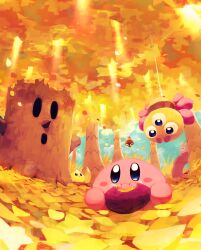 Rule 34 | absurdres, autumn, autumn leaves, blue eyes, blue sky, blush stickers, chip (kirby), como (kirby), dappled sunlight, eating, food, grass, highres, kirby, kirby (series), looking at another, nintendo, polof, pupa (kirby), roasted sweet potato, sky, sunlight, suyasuyabi, sweet potato, tree, whispy woods