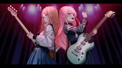 Rule 34 | 2girls, :d, absurdres, back-to-back, bang dream!, bang dream! it&#039;s mygo!!!!!, bass guitar, black dress, blue eyes, blue skirt, brown hair, chihaya anon, commentary request, dress, electric guitar, fang, grey eyes, guitar, highres, holding, holding instrument, ichi (bttrfl1es), instrument, letterboxed, light blush, long hair, looking to the side, multiple girls, nagasaki soyo, open mouth, pink hair, pleated skirt, see-through, see-through sleeves, sidelocks, signature, skirt, smile, stage lights, sweater, teeth, turtleneck, turtleneck sweater, upper teeth only, white sweater