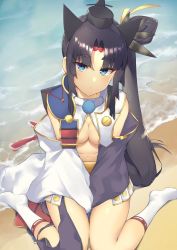 Rule 34 | 1girl, armor, asymmetrical sleeves, bare shoulders, black hair, blue eyes, blush, breast curtains, breasts, closed mouth, detached sleeves, fate/grand order, fate (series), feather hair ornament, feathers, hair ornament, hat, japanese armor, kusazuri, long hair, long sleeves, looking at viewer, medium breasts, mismatched sleeves, navel, parted bangs, pinta (ayashii bochi), pom pom (clothes), revealing clothes, side ponytail, sidelocks, sitting, socks, solo, thick eyebrows, ushiwakamaru (fate), wariza, white socks