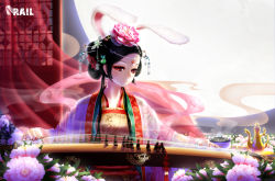 Rule 34 | 1girl, animal ears, black hair, rabbit ears, chinese clothes, diadem, flower, full moon, hair flower, hair ornament, hair up, hanfu, incense, instrument, japanese clothes, jewelry, kettle, kimono, moon, nail polish, original, playing instrument, rail (silverbow), red eyes, solo, tea