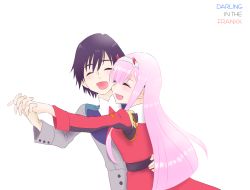 Rule 34 | 10s, 1boy, 1girl, bad id, bad pixiv id, black hair, blush, closed eyes, commentary request, copet882, copyright name, couple, dancing, darling in the franxx, dress, grey shirt, grey shorts, hair ornament, hairband, hand on another&#039;s back, hand up, hetero, highres, hiro (darling in the franxx), holding hands, horns, hug, interlocked fingers, long hair, long sleeves, military, military uniform, necktie, oni horns, pink hair, red dress, red horns, red neckwear, shirt, shorts, uniform, white hairband, zero two (darling in the franxx)