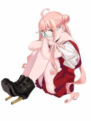 Rule 34 | 1girl, absurdres, ahoge, alternate costume, black footwear, blouse, boots, closed mouth, double bun, full body, glasses, hair bun, high heel boots, high heels, highres, hugging own legs, kantai collection, long hair, looking at viewer, makigumo (kancolle), ojipon, red skirt, shirt, short sleeves, sidelocks, simple background, sitting, skirt, solo, suspender skirt, suspenders, twintails, white background, white shirt, yellow eyes