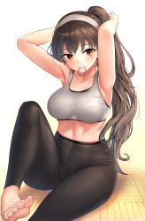 Rule 34 | 1girl, armpits, arms behind head, arms up, barefoot, black hair, black pants, blush, breasts, closed mouth, collarbone, covered navel, earrings, gold earrings, hair tie, hair tie in mouth, hairband, highres, jewelry, knee up, large breasts, long hair, looking at viewer, midriff, mouth hold, on floor, pants, ponytail, red eyes, sitting, solo, sports bra, spy x family, tying hair, white hairband, white sports bra, yoga pants, yor briar, yougenko