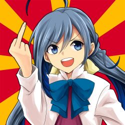 Rule 34 | &gt;:d, 10s, 1girl, :d, ahoge, blue bow, blue bowtie, blue eyes, blue hair, bow, bowtie, kantai collection, kiyoshimo (kancolle), long hair, long sleeves, looking at viewer, macedonian flag, matching hair/eyes, middle finger, namida 33, open mouth, round teeth, shirt, smile, solo, sunburst, teeth, twintails, v-shaped eyebrows, vest, white shirt