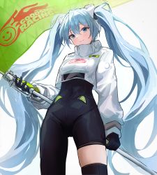 Rule 34 | 1girl, bad id, bad pixiv id, black gloves, black thighhighs, blue eyes, blue hair, closed mouth, flag, gloves, green gloves, hair between eyes, hatsune miku, holding, holding flag, light blue hair, long hair, multicolored clothes, multicolored gloves, po ppe, racing miku, racing miku (2022), see-through, skindentation, smile, solo, thighhighs, twintails, two-tone gloves, very long hair, vocaloid