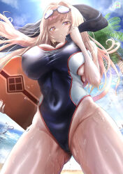 Rule 34 | 1girl, absurdres, black one-piece swimsuit, blue sky, breasts, competition swimsuit, covered erect nipples, covered navel, gluteal fold, goddess of victory: nikke, goggles, goggles on head, hair intakes, highres, holding, large breasts, light brown hair, long hair, multicolored clothes, multicolored swimsuit, mumu (mumumux2), ocean, official alternate costume, one-piece swimsuit, orange eyes, palm tree, rapi (classic vacation) (nikke), rapi (nikke), skin tight, sky, solo, sun, swimsuit, thighs, tree, very long hair, water, white one-piece swimsuit, wide hips