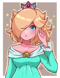 Rule 34 | 1girl, artist name, beige outline, blonde hair, blue dress, blue eyes, border, breasts, brooch, brown background, crown, dot nose, dress, eyelashes, hair over one eye, hand up, highres, jewelry, lips, mario (series), nintendo, nonoworks, off-shoulder dress, off shoulder, outline, parted lips, pink lips, rosalina, short hair, signature, small breasts, star (symbol), super mario galaxy, thick eyebrows, upper body, white border