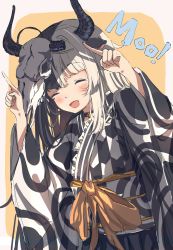 Rule 34 | 1girl, absurdres, animal ears, black horns, black kimono, blush, bow, c4 art, commentary request, cow ears, cow girl, cow horns, frilled kimono, frills, highres, horns, horns pose, indie virtual youtuber, japanese clothes, kimono, long hair, makino shiro, open mouth, smile, solo, two-tone kimono, upper body, virtual youtuber, white kimono, wide sleeves, yellow bow