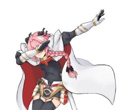 Rule 34 | 1boy, absurdres, armored skirt, astolfo (fate), black bow, black thighhighs, bow, braid, cape, dab (dance), fang, fate/apocrypha, fate/grand order, fate (series), fatmanass, fur-trimmed cape, fur trim, garter straps, gauntlets, hair bow, hair intakes, highres, long hair, male focus, multicolored hair, pink hair, sheath, sheathed, skin fang, solo, streaked hair, sword, thighhighs, transparent background, trap, weapon, white cape, white hair