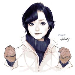 Rule 34 | 1girl, artist name, bad id, bad instagram id, black hair, black sweater, blue eyes, closed mouth, coat, commentary, english commentary, gloves, layered clothes, looking at viewer, original, partially unzipped, short hair, simple background, solo, sweater, takenaka, turtleneck, turtleneck sweater, upper body, watermark, web address, white background, white coat